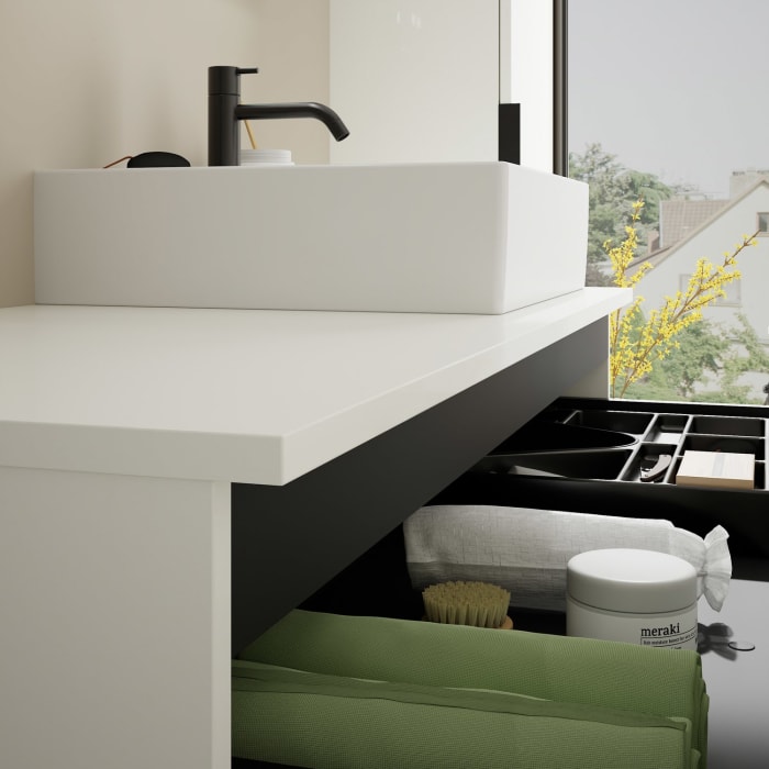 burgbad Eqio Waschtischkombination mit Keramik-Aufsatzwaschtisch 120 cm, rechts, mit Griff G0200