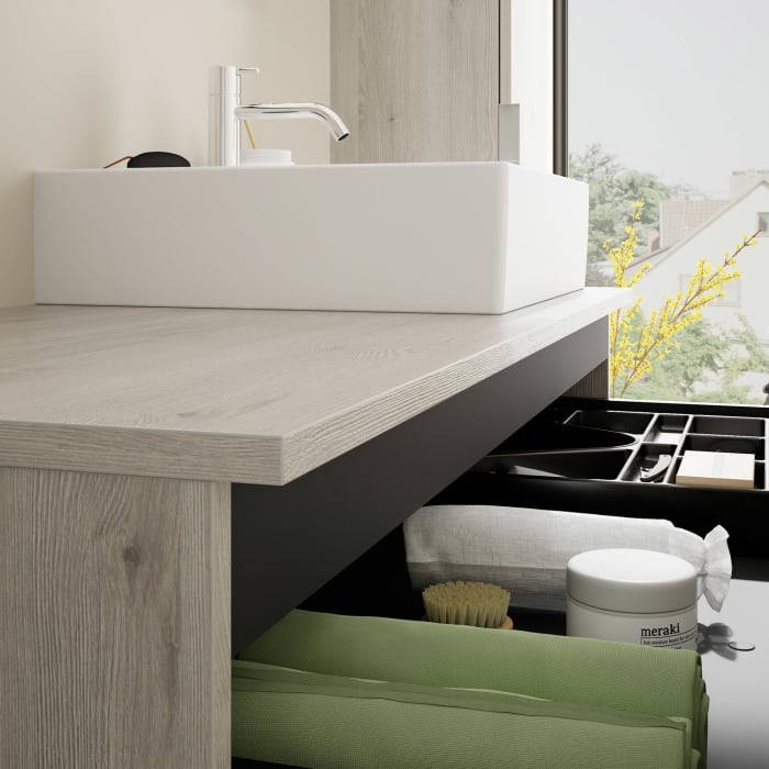 burgbad Eqio Waschtischkombination mit Keramik-Aufsatzwaschtisch 120 cm, rechts, mit Griff G146