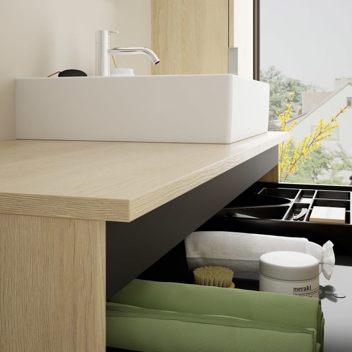 burgbad Eqio Waschtischkombination mit Keramik-Aufsatzwaschtisch 120 cm, rechts, mit Griff G146