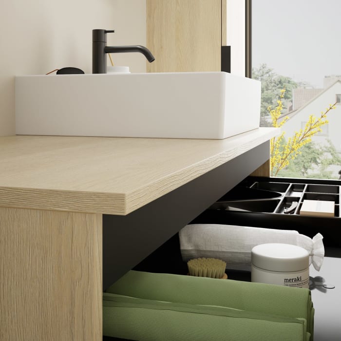 burgbad Eqio Waschtischkombination mit Keramik-Aufsatzwaschtisch 120 cm, rechts, mit Griff G0200