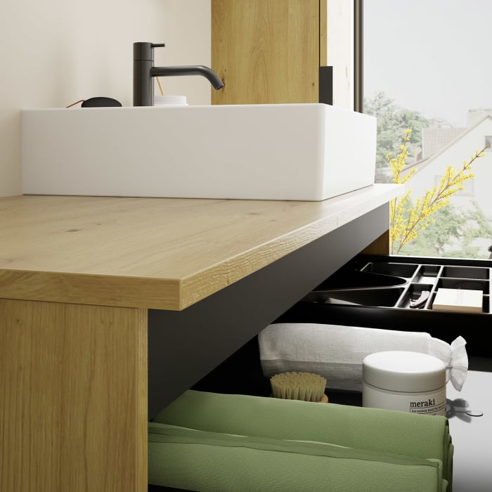 burgbad Eqio Waschtischkombination mit Keramik-Aufsatzwaschtisch 120 cm, rechts, mit Griff G0200