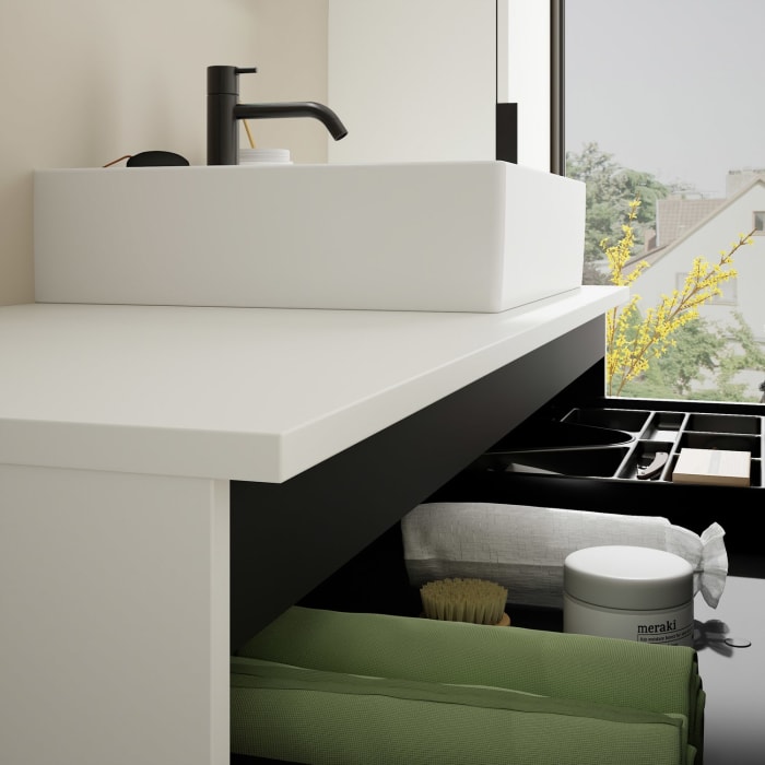 burgbad Eqio Waschtischkombination mit Keramik-Aufsatzwaschtisch 120 cm, rechts, mit Griff G0200