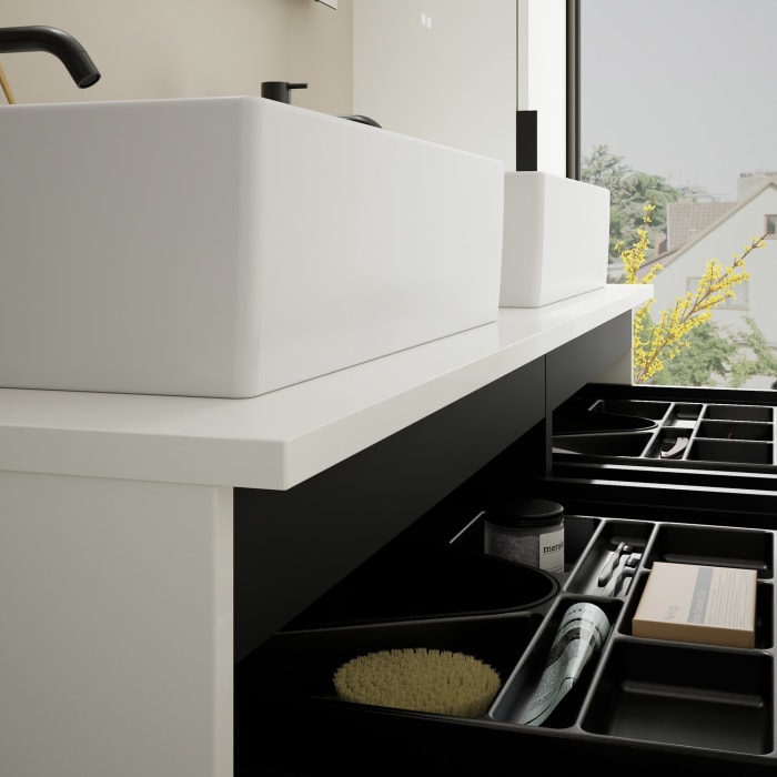 burgbad Eqio Waschtischkombination mit Keramik-Aufsatzwaschtisch 140 cm, links und rechts, mit Griff G0200