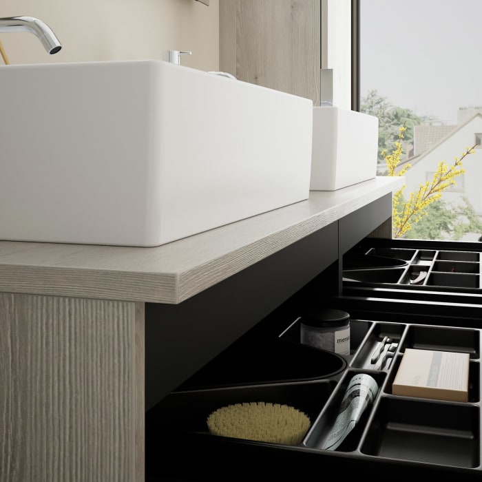 burgbad Eqio Waschtischkombination mit Keramik-Aufsatzwaschtisch 140 cm, links und rechts, mit Griff G0146