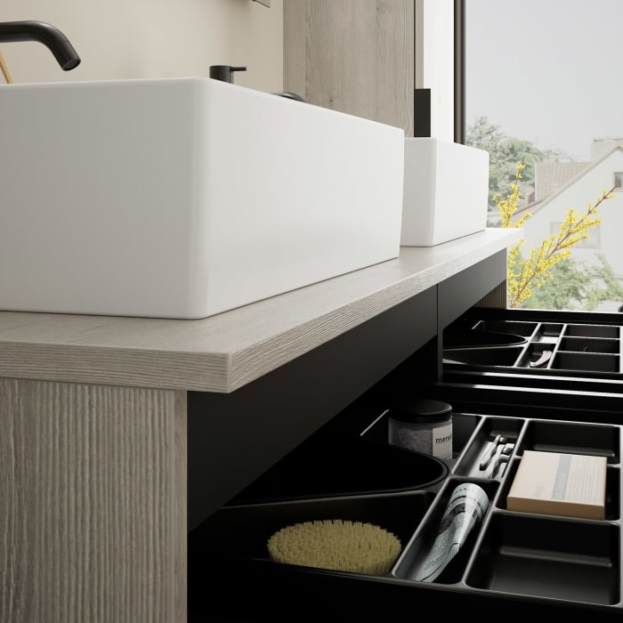 burgbad Eqio Waschtischkombination mit Keramik-Aufsatzwaschtisch 140 cm, links und rechts, mit Griff G0200