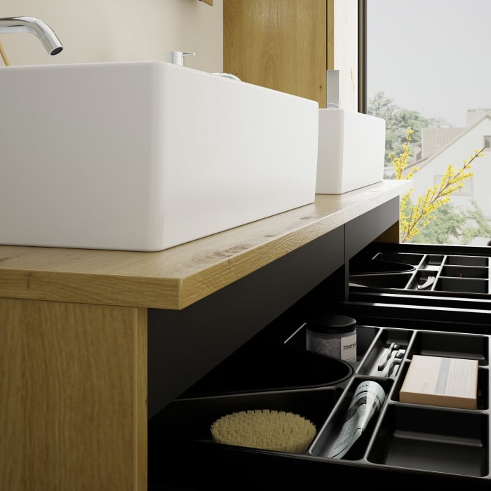 burgbad Eqio Waschtischkombination mit Keramik-Aufsatzwaschtisch 140 cm, links und rechts, mit Griff G0146