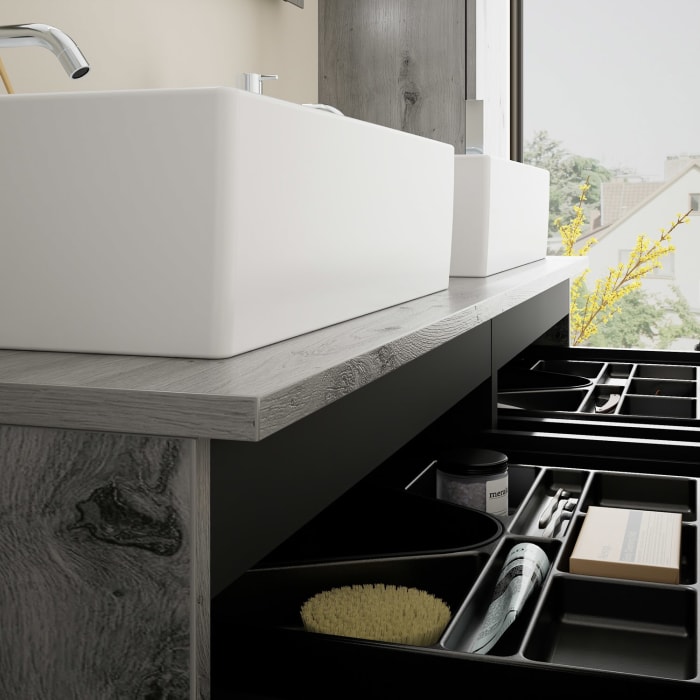 burgbad Eqio Waschtischkombination mit Keramik-Aufsatzwaschtisch 140 cm, links und rechts, mit Griff G0146