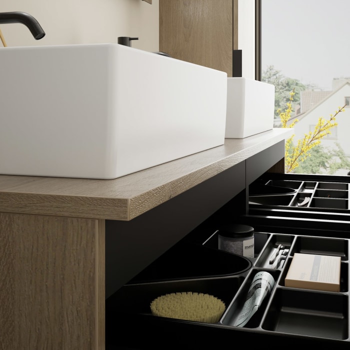 burgbad Eqio Waschtischkombination mit Keramik-Aufsatzwaschtisch 140 cm, links und rechts, mit Griff G0200