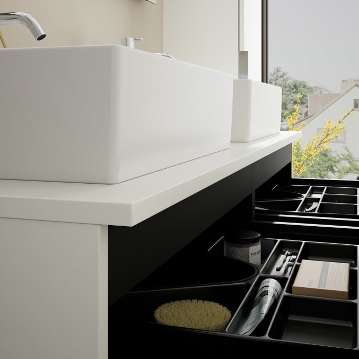 burgbad Eqio Waschtischkombination mit Keramik-Aufsatzwaschtisch 140 cm, links und rechts, mit Griff G0146