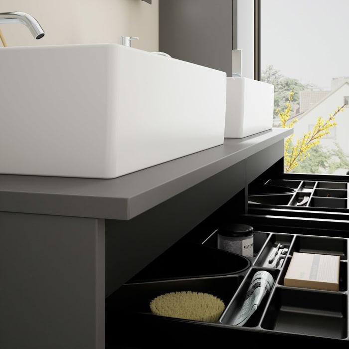 burgbad Eqio Waschtischkombination mit Keramik-Aufsatzwaschtisch 140 cm, links und rechts, mit Griff G0146