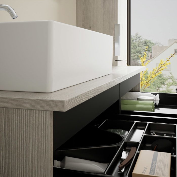 burgbad Eqio Waschtischkombination mit Keramik-Aufsatzwaschtisch 120 cm, links, mit Griff G0146