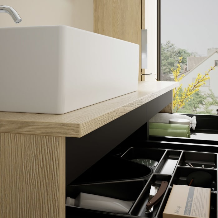 burgbad Eqio Waschtischkombination mit Keramik-Aufsatzwaschtisch 120 cm, links, mit Griff G0146