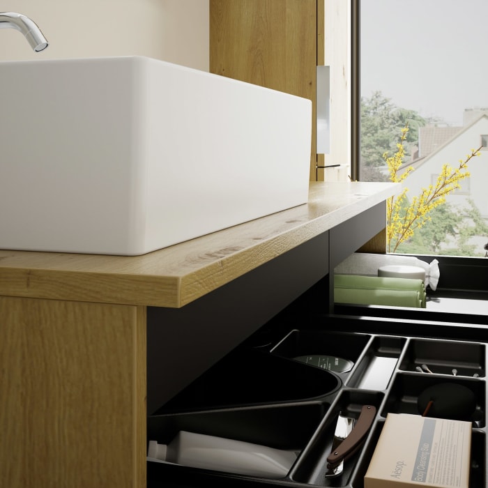 burgbad Eqio Waschtischkombination mit Keramik-Aufsatzwaschtisch 120 cm, links, mit Griff G0146