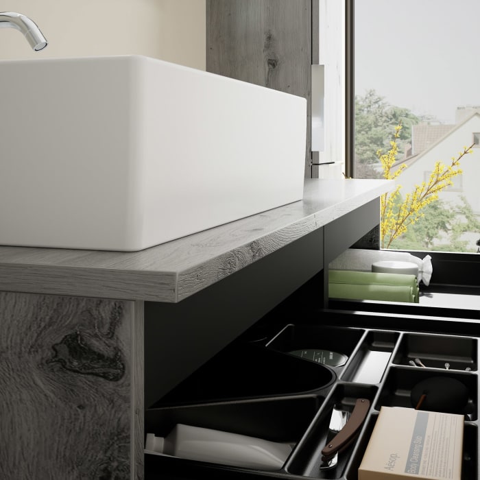 burgbad Eqio Waschtischkombination mit Keramik-Aufsatzwaschtisch 120 cm, links, mit Griff G0146