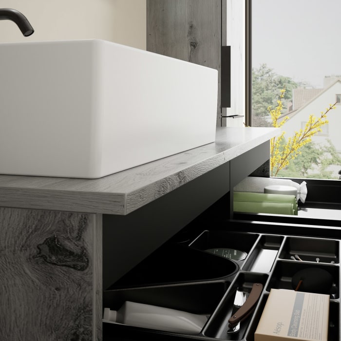 burgbad Eqio Waschtischkombination mit Keramik-Aufsatzwaschtisch 120 cm, links, mit Griff G0200