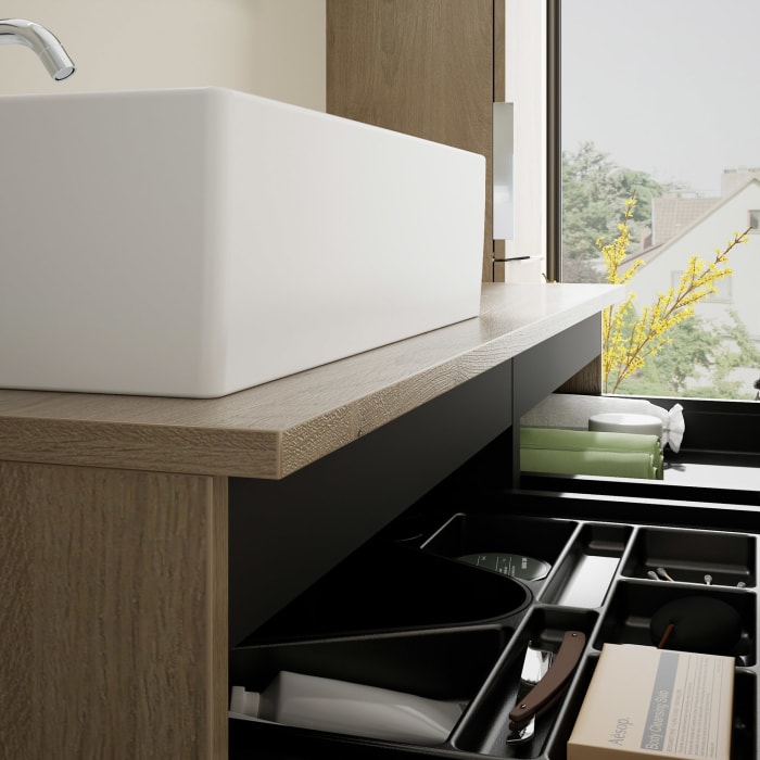 burgbad Eqio Waschtischkombination mit Keramik-Aufsatzwaschtisch 120 cm, links, mit Griff G0146