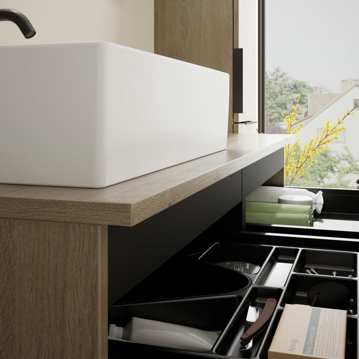 burgbad Eqio Waschtischkombination mit Keramik-Aufsatzwaschtisch 120 cm, links, mit Griff G0200