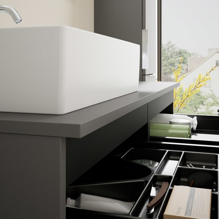 burgbad Eqio Waschtischkombination mit Keramik-Aufsatzwaschtisch 120 cm, links, mit Griff G0146