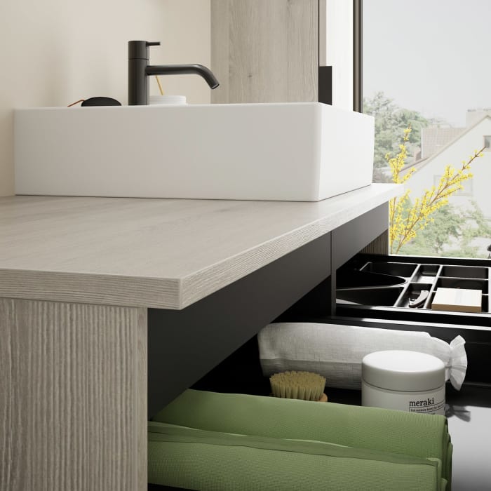 burgbad Eqio Waschtischkombination mit Keramik-Aufsatzwaschtisch 120 cm, rechts, mit Griff G0200