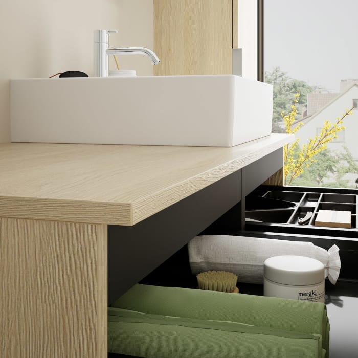 burgbad Eqio Waschtischkombination mit Keramik-Aufsatzwaschtisch 120 cm, rechts, mit Griff G0146