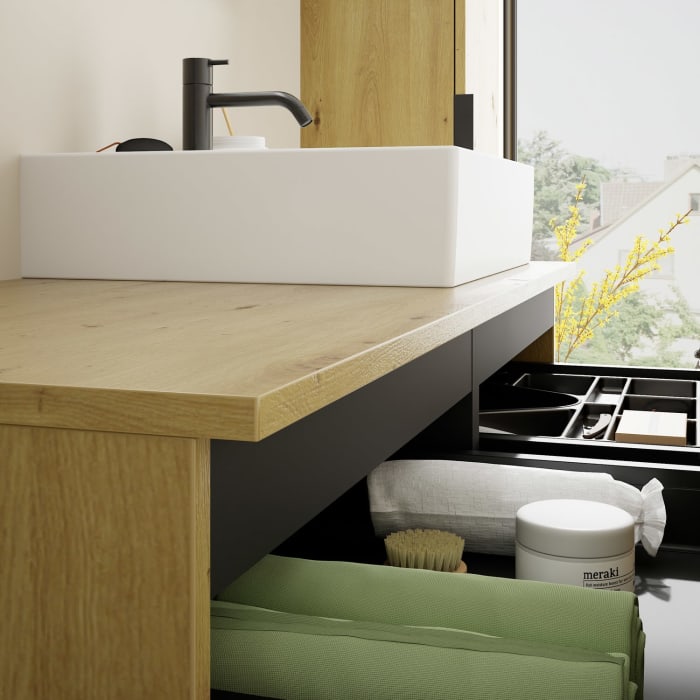 burgbad Eqio Waschtischkombination mit Keramik-Aufsatzwaschtisch 120 cm, rechts, mit Griff G0200