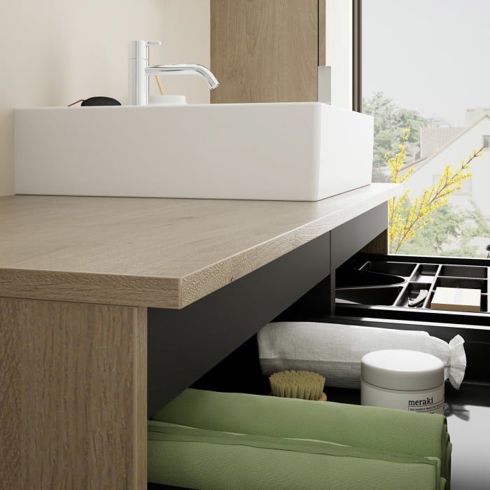 burgbad Eqio Waschtischkombination mit Keramik-Aufsatzwaschtisch 120 cm, rechts, mit Griff G0146