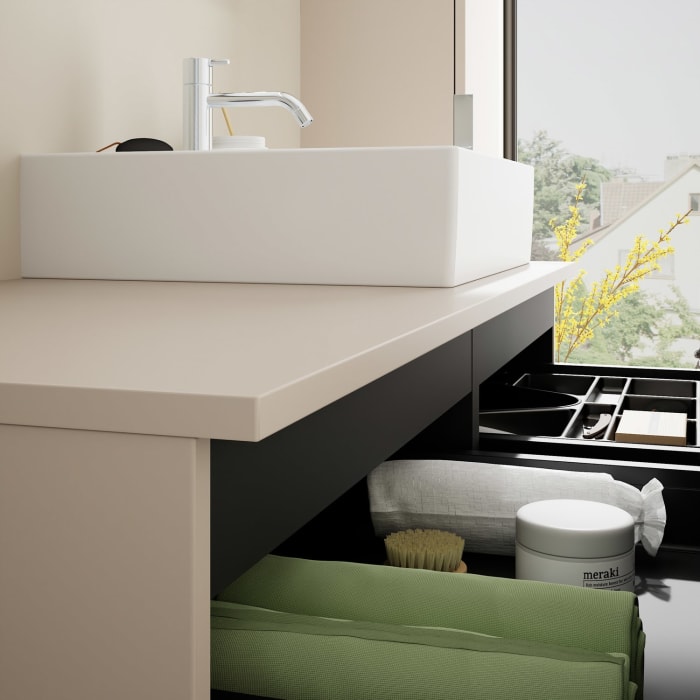 burgbad Eqio Waschtischkombination mit Keramik-Aufsatzwaschtisch 120 cm, rechts, mit Griff G0146