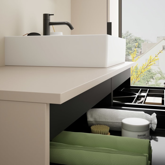 burgbad Eqio Waschtischkombination mit Keramik-Aufsatzwaschtisch 120 cm, rechts, mit Griff G0200