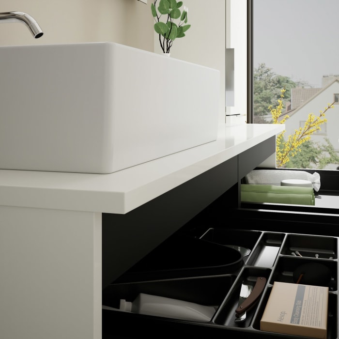 burgbad Eqio Waschtischkombination mit Keramik-Aufsatzwaschtisch 140 cm, links, mit Griff G0146