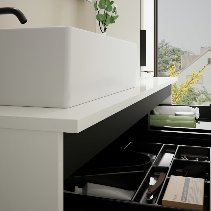 burgbad Eqio Waschtischkombination mit Keramik-Aufsatzwaschtisch 140 cm, links, mit Griff G0200