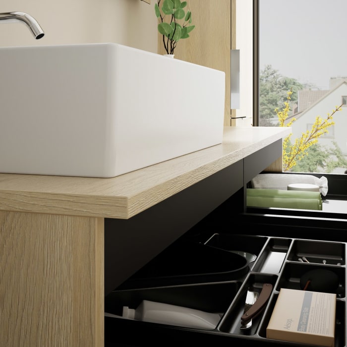 burgbad Eqio Waschtischkombination mit Keramik-Aufsatzwaschtisch 140 cm, links, mit Griff G0146