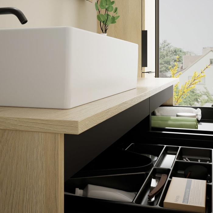 burgbad Eqio Waschtischkombination mit Keramik-Aufsatzwaschtisch 140 cm, links, mit Griff G0200