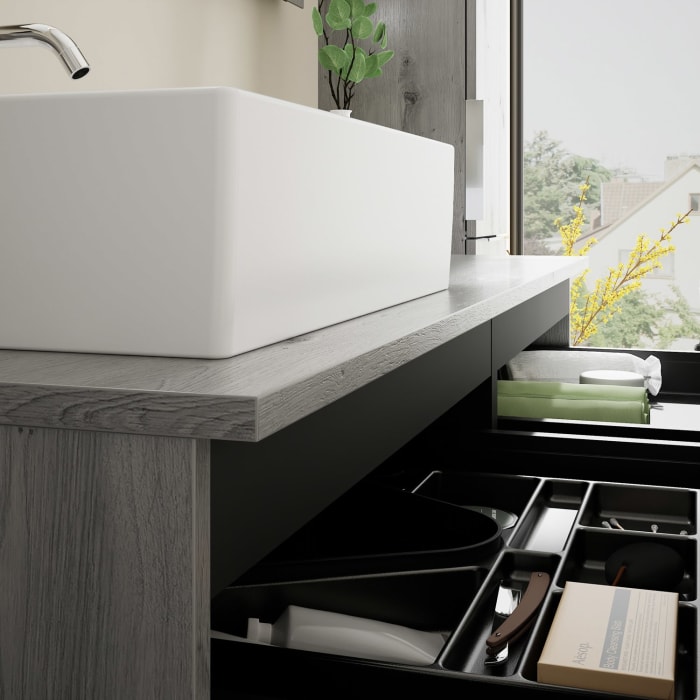 burgbad Eqio Waschtischkombination mit Keramik-Aufsatzwaschtisch 140 cm, links, mit Griff G0146