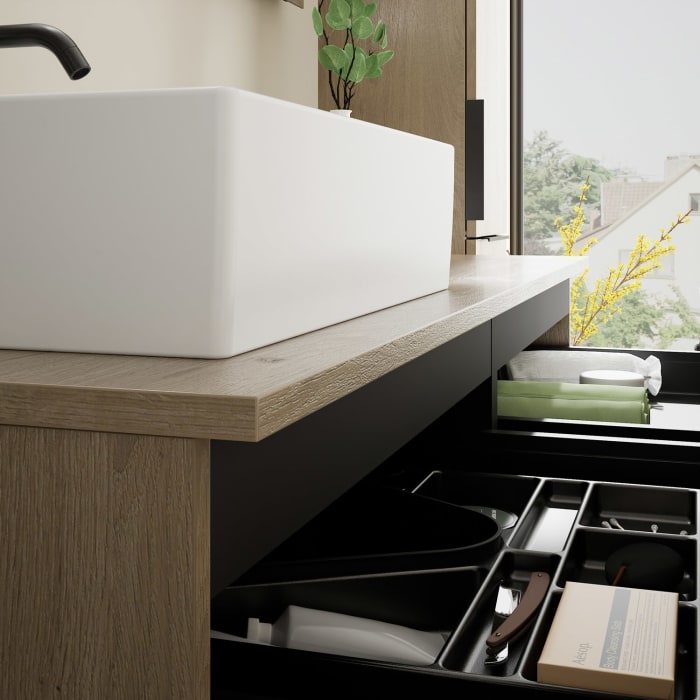 burgbad Eqio Waschtischkombination mit Keramik-Aufsatzwaschtisch 140 cm, links, mit Griff G0200