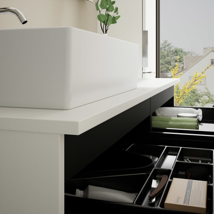 burgbad Eqio Waschtischkombination mit Keramik-Aufsatzwaschtisch 140 cm, links, mit Griff G0146