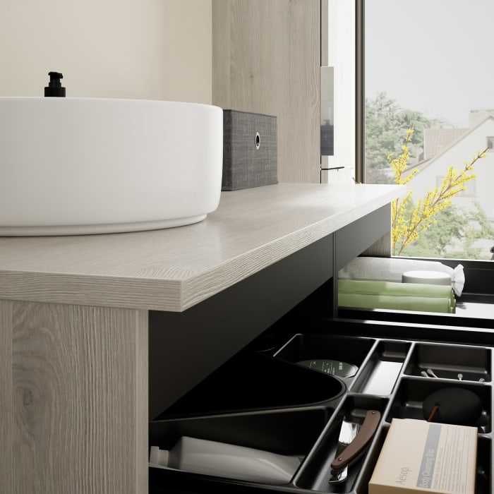 burgbad Eqio Waschtischkombination mit Keramik-Aufsatzwaschtisch 120 cm, links, mit Griff G0146