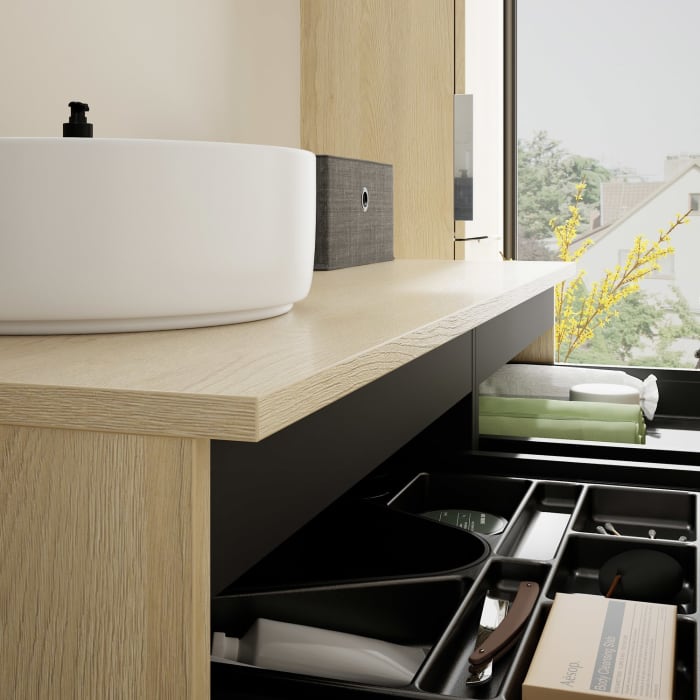 burgbad Eqio Waschtischkombination mit Keramik-Aufsatzwaschtisch 120 cm, links, mit Griff G0146