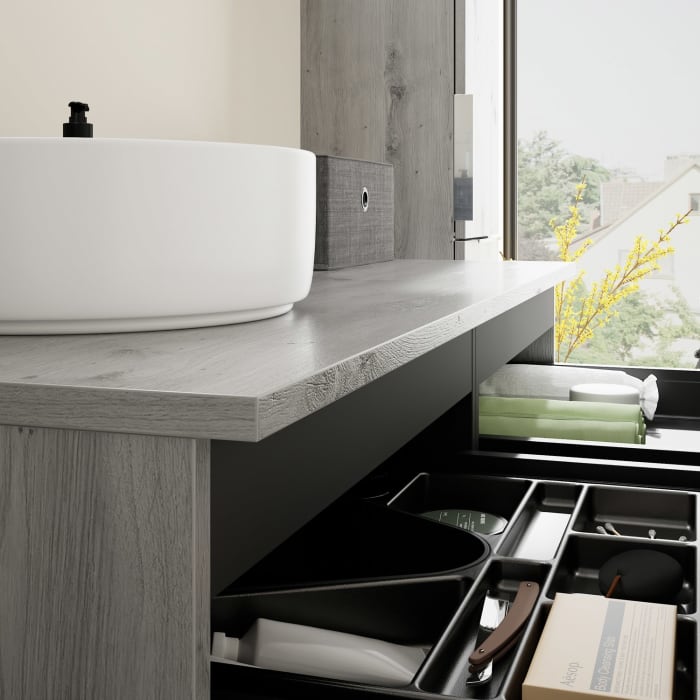 burgbad Eqio Waschtischkombination mit Keramik-Aufsatzwaschtisch 120 cm, links, mit Griff G0146
