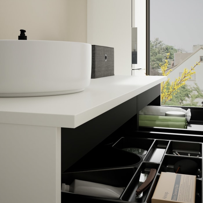 burgbad Eqio Waschtischkombination mit Keramik-Aufsatzwaschtisch 120 cm, links, mit Griff G0146