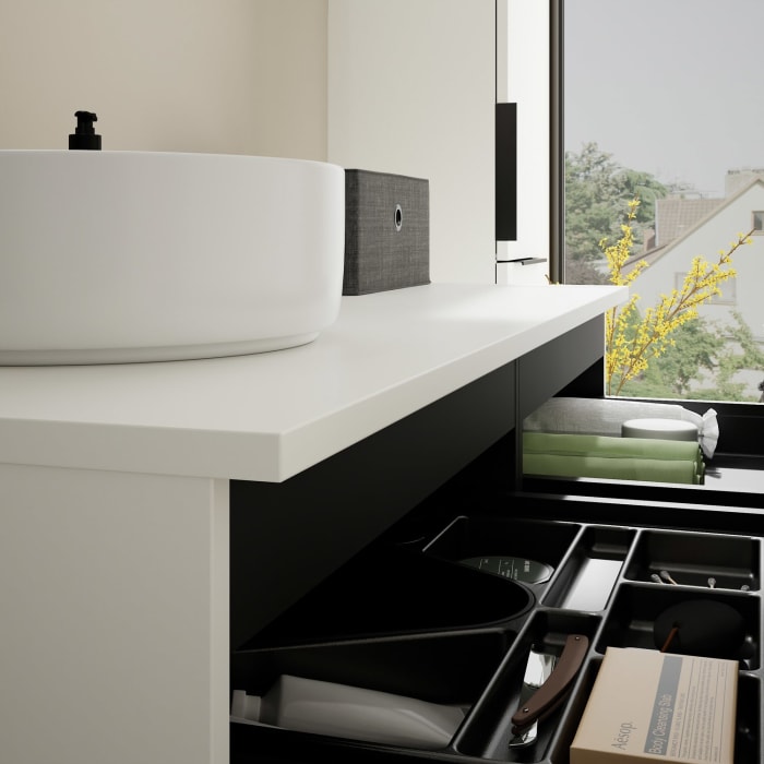 burgbad Eqio Waschtischkombination mit Keramik-Aufsatzwaschtisch 120 cm, links, mit Griff G0200