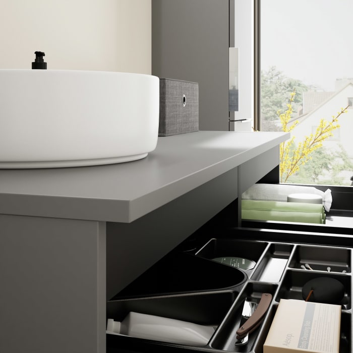 burgbad Eqio Waschtischkombination mit Keramik-Aufsatzwaschtisch 120 cm, links, mit Griff G0146