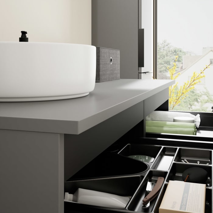 burgbad Eqio Waschtischkombination mit Keramik-Aufsatzwaschtisch 120 cm, links, mit Griff G0200