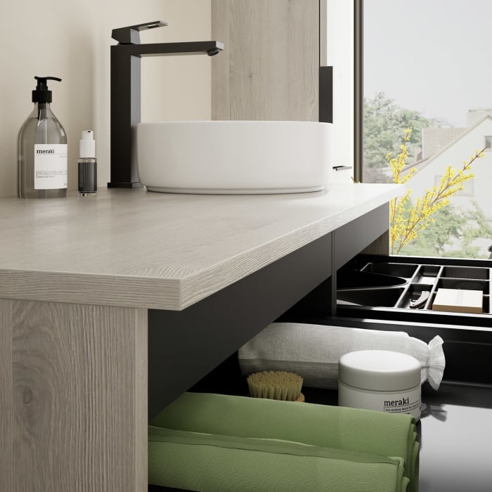 burgbad Eqio Waschtischkombination mit Keramik-Aufsatzwaschtisch 120 cm, rechts, mit Griff G0200