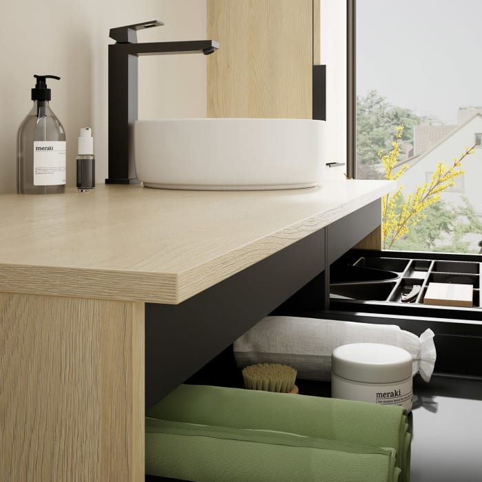 burgbad Eqio Waschtischkombination mit Keramik-Aufsatzwaschtisch 120 cm, rechts, mit Griff G0200