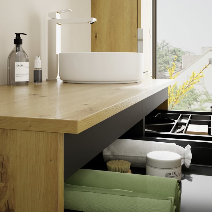 burgbad Eqio Waschtischkombination mit Keramik-Aufsatzwaschtisch 120 cm, rechts, mit Griff G0146