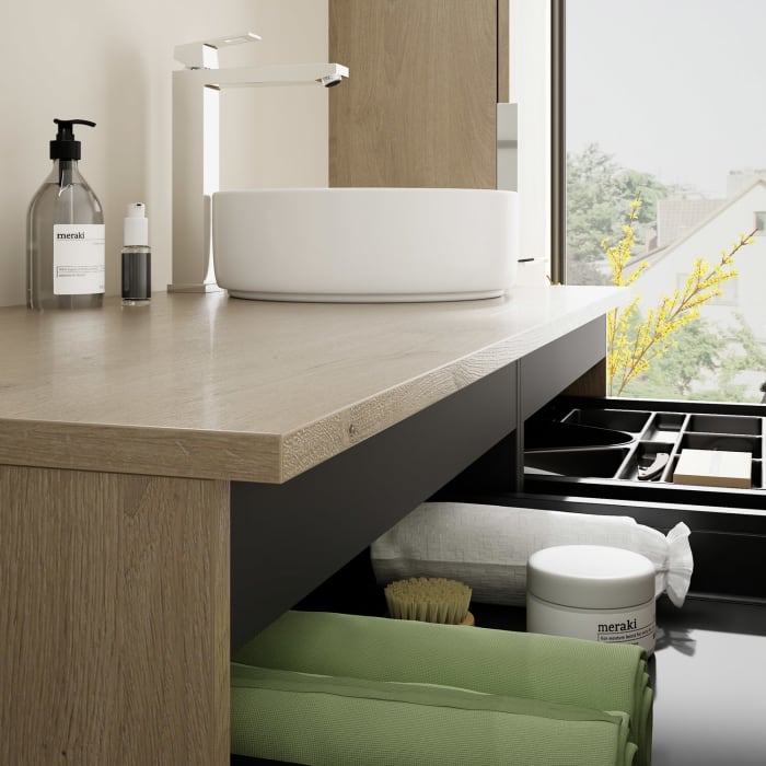 burgbad Eqio Waschtischkombination mit Keramik-Aufsatzwaschtisch 120 cm, rechts, mit Griff G0146