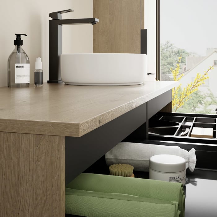 burgbad Eqio Waschtischkombination mit Keramik-Aufsatzwaschtisch 120 cm, rechts, mit Griff G0200