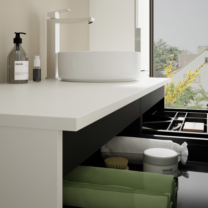 burgbad Eqio Waschtischkombination mit Keramik-Aufsatzwaschtisch 120 cm, rechts, mit Griff G0146