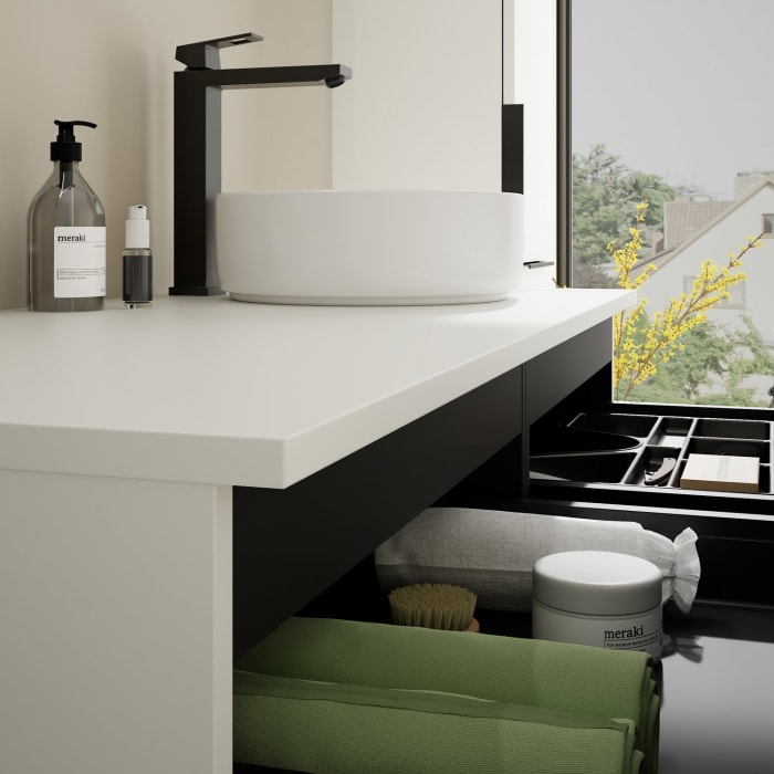 burgbad Eqio Waschtischkombination mit Keramik-Aufsatzwaschtisch 120 cm, rechts, mit Griff G0200