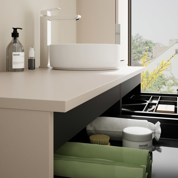 burgbad Eqio Waschtischkombination mit Keramik-Aufsatzwaschtisch 120 cm, rechts, mit Griff G0146